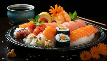 Freshness on plate seafood, sashimi, cultures, fish, rice, maki sushi generated by AI photo