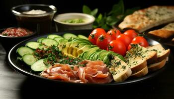 Freshness on plate grilled meat, tomato, bread, salad, pork generated by AI photo