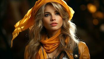 Beautiful young woman in autumn, exuding elegance and sensuality generated by AI photo