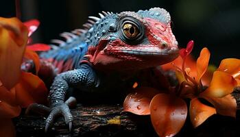 Green lizard in tropical rainforest, looking cute with horned head generated by AI photo