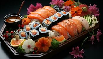 Freshness and variety on a plate, sushi culture in Japan generated by AI photo