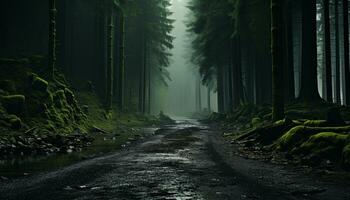 Mysterious fog veils dark forest, wet leaves, tranquil beauty in nature generated by AI photo
