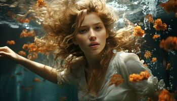 Young woman, beauty in nature, underwater, long hair, smiling, elegance generated by AI photo