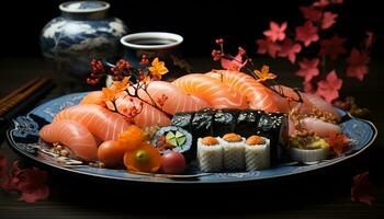 Freshness of seafood, sushi variations, healthy eating, Japanese culture displayed generated by AI photo