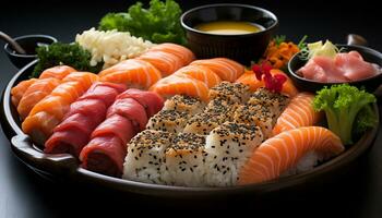 Freshness on a plate gourmet sashimi, nigiri, maki sushi, seaweed generated by AI photo