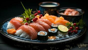 frescura y culturas en un lámina, sashimi y maki Sushi generado por ai foto