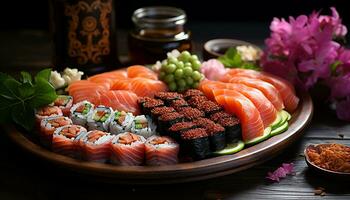 frescura y culturas en un lámina, sashimi y maki Sushi generado por ai foto