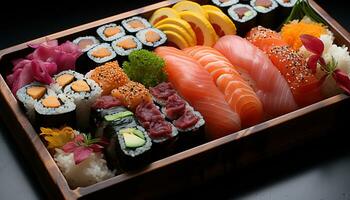 Freshness and cultures on a plate, sushi collection for lunch generated by AI photo