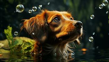 Cute puppy playing in water, enjoying summer pure beauty generated by AI photo