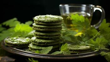 Freshness and nature stack on a plate, a green gourmet meal generated by AI photo