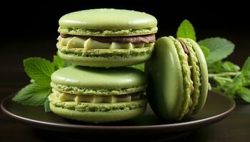 Gourmet macaroon stack, fresh chocolate sandwich on homemade French biscuit generated by AI photo