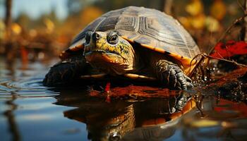 linda Tortuga nadando en tranquilo estanque, naturaleza belleza en atención generado por ai foto