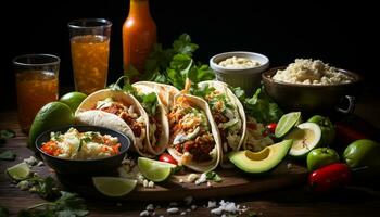 A fresh, grilled taco with guacamole, cilantro, and lime zest generated by AI photo