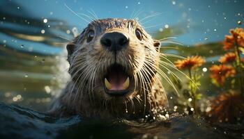 Playful seal swimming underwater, looking at camera with cute whiskers generated by AI photo