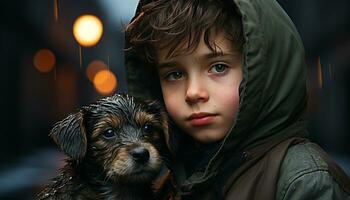 Smiling child and playful puppy create pure joy and friendship generated by AI photo