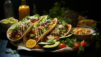 A gourmet Mexican meal grilled beef, fresh vegetables, homemade guacamole generated by AI photo