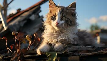 Cute kitten sitting on wood, looking at camera, fluffy fur generated by AI photo