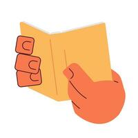 Holding open book cartoon character hands illustration. Studying literature 2D vector image isolated on white background. Open journal. Reading hands. Holding notebook editable flat clipart color