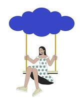 Happy girl on swing hanging from cloud 2D linear illustration concept. Swinging woman carefree cartoon character isolated on white. Dreams imagination metaphor abstract flat vector outline graphic