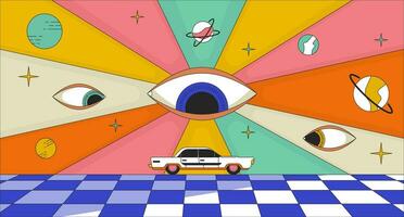 Psychedelic road trip 2D linear illustration concept. 60s trippy eyes watching over car riding cartoon scene background. Cosmic planets, groovy retro metaphor abstract flat vector outline graphic