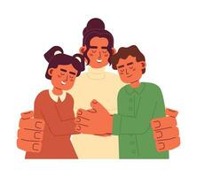 Hispanic mom hugging children 2D cartoon characters. Embracing family. Latina mother with two kids isolated vector people white background. Grateful thanksgiving day color flat spot illustration