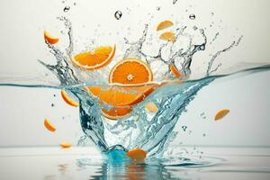 Water splash on orange fruit. AI Generative Pro Photo