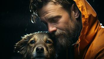 Smiling man with wet dog, enjoying nature beauty and friendship generated by AI photo