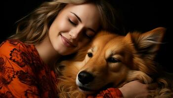 A cute dog and woman, smiling, embracing in pure happiness generated by AI photo