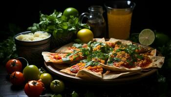 Freshness on a plate grilled meat, healthy taco, homemade guacamole generated by AI photo