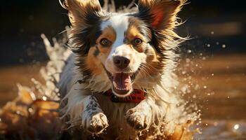 linda perrito jugando en agua, mirando a cámara, puro alegría generado por ai foto