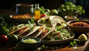 frescura y especia en un mexicano comida guacamole, tacos, cilantro generado por ai foto