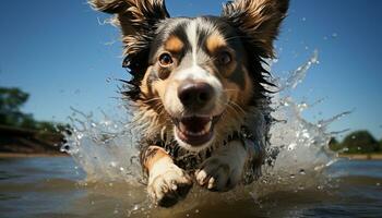 Cute wet puppy playing in water, pure joy and loyalty generated by AI photo