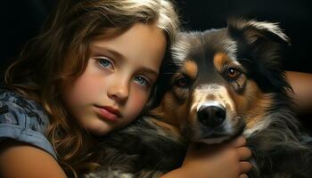 linda perro y niño, un retrato de pequeño Doméstico animales generado por ai foto