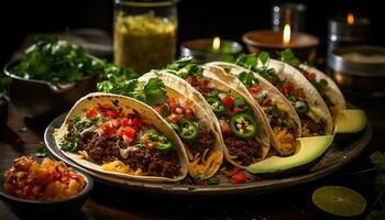 A delicious Mexican meal with grilled beef, fresh vegetables, and homemade guacamole generated by AI photo