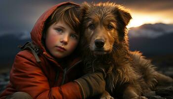 Cute child and dog sitting, smiling, embracing, playing in nature generated by AI photo