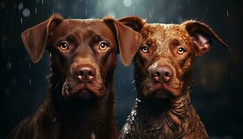 Cute puppy and dog sitting in the rain, playful and wet generated by AI photo