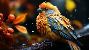 un linda guacamayo encaramado en un rama, exhibiendo vibrante colores generado por ai foto