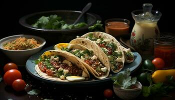 Freshness on a plate tomato, meat, cilantro, guacamole, and vegetable generated by AI photo