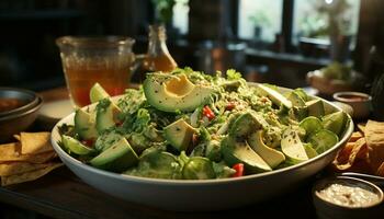 Fresh avocado guacamole, a healthy vegetarian meal on a wooden plate generated by AI photo