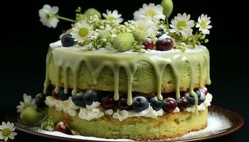 un plato de indulgente, hecho en casa baya tarta de queso con azotado crema generado por ai foto