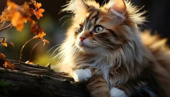 Cute kitten sitting on grass, looking at camera, playful nature generated by AI photo