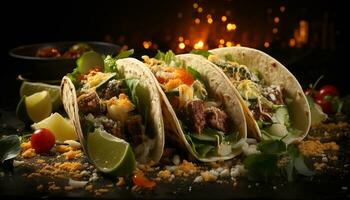 Grilled beef taco with guacamole, tomato, and fresh cilantro generated by AI photo