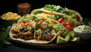 A gourmet Mexican meal taco, guacamole, beef, salad, avocado, tortilla generated by AI photo