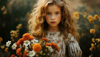 Smiling girl in a meadow, enjoying the beauty of nature generated by AI photo