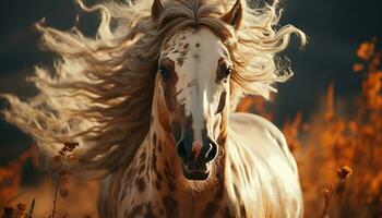 Sunlit horse running free in meadow, a portrait of beauty generated by AI photo