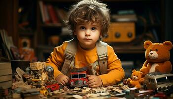 linda caucásico niño jugando con juguete auto, sonriente y mirando generado por ai foto