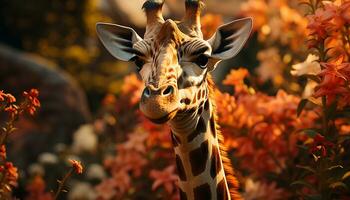 Giraffe in the wild, nature beauty, focus on animal portrait generated by AI photo