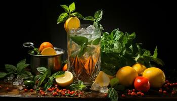 Freshness of citrus fruit, leaf, lemon, fruit, drink, mint leaf generated by AI photo