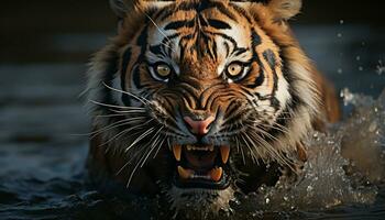 majestuoso tigre, feroz y salvaje, curioso dentro el cámara generado por ai foto