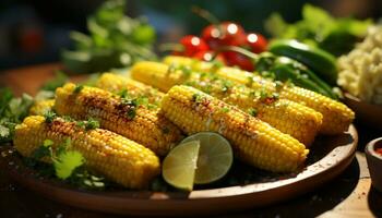 Grilled vegetable plate, freshness on a summer nature table generated by AI photo